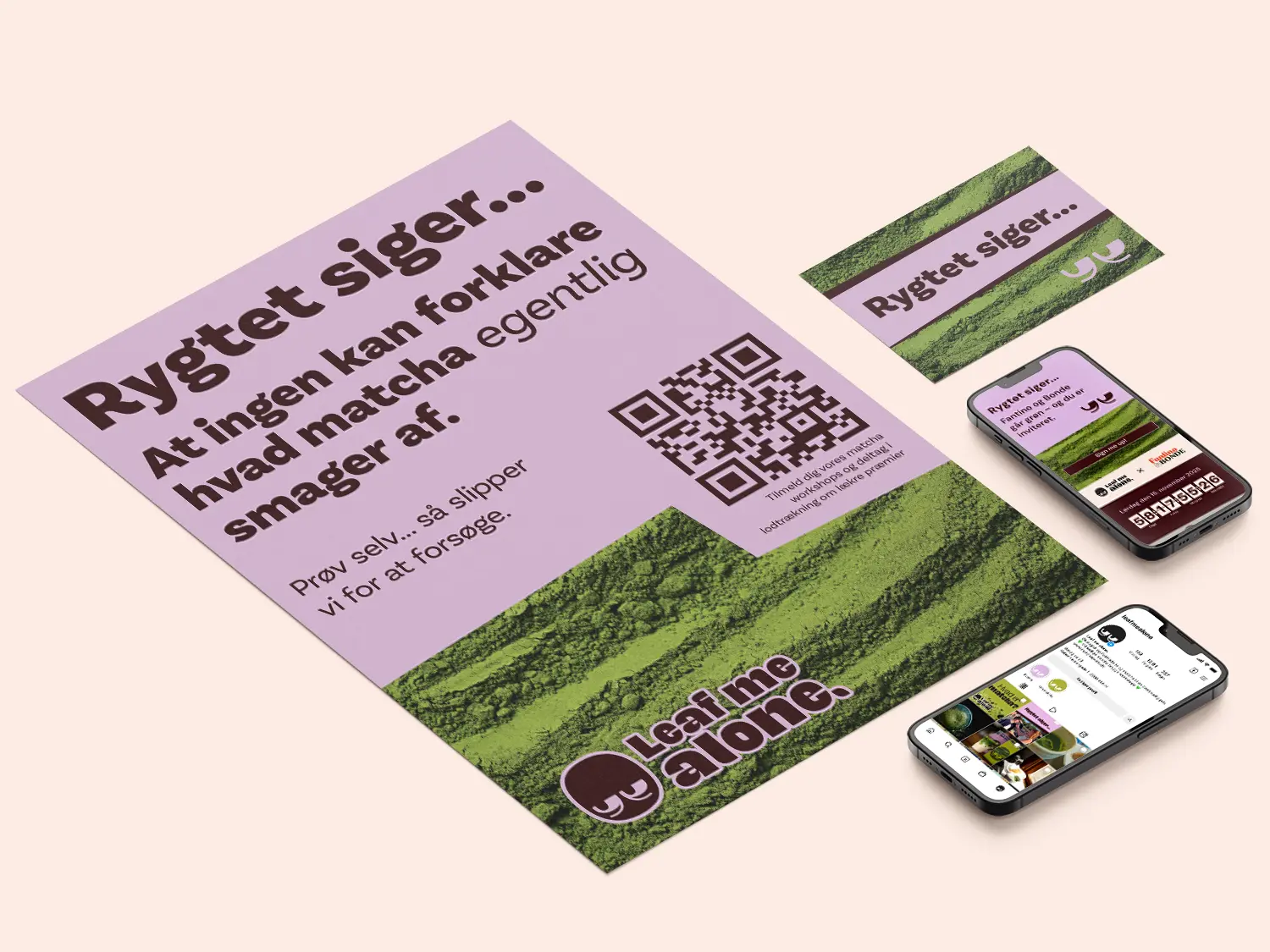 The collection of campaign products consisting of a poster, postcard, microsite mockup, and Instagram page mockup